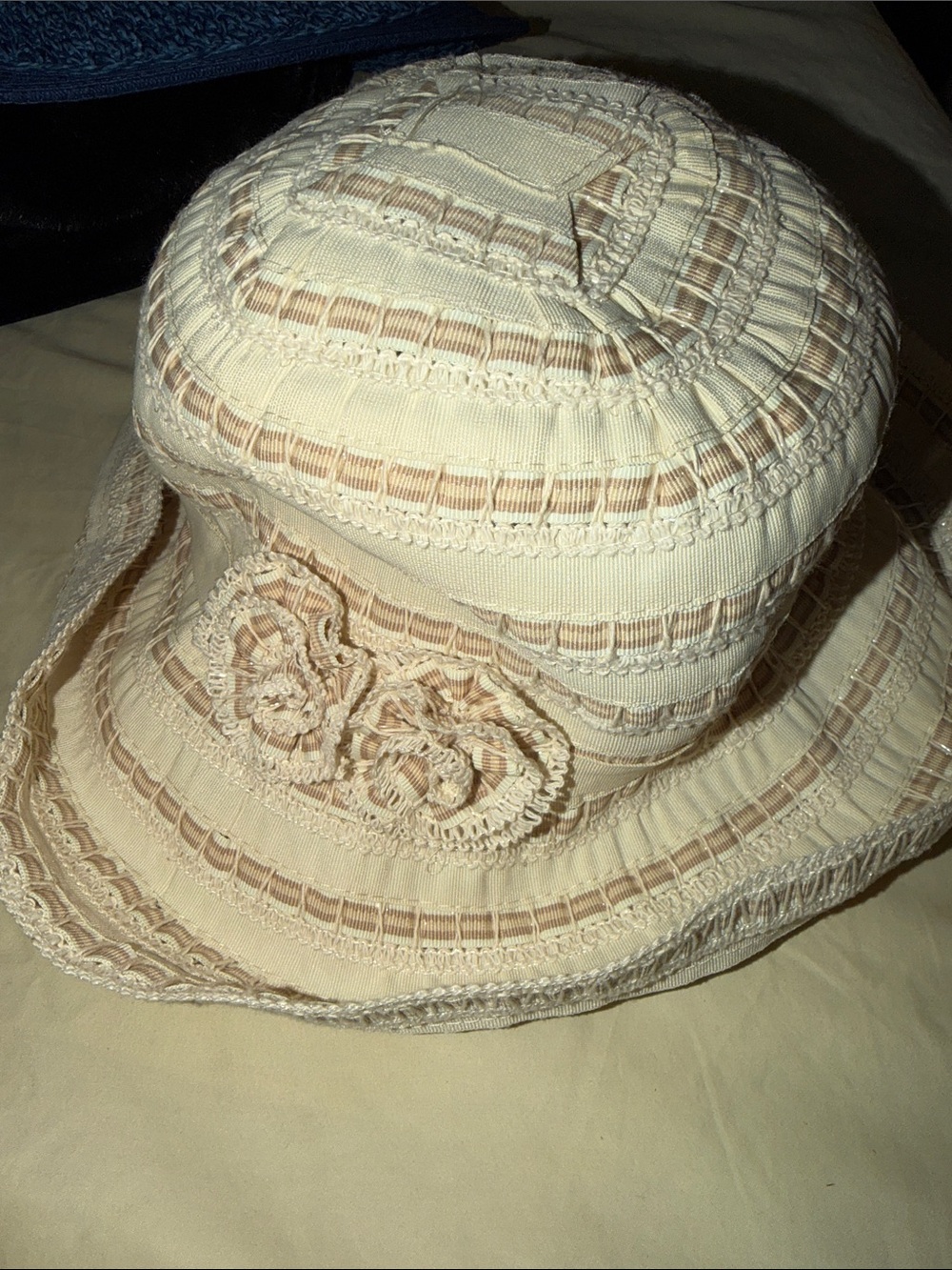 Cream Crochet Sun Hat with Floral Appliqué - Women's Accessories